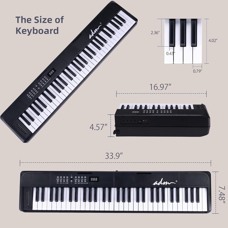 ADM 61 Key Folding Electric Piano Keyboard, Foldable Electronic Keyboard, Wireless 128 Tones, 128 Rhythms Includes Pedal, Gig Bag, Headphones for Beginners, Students, Teenagers, Adults, Black - Image 3